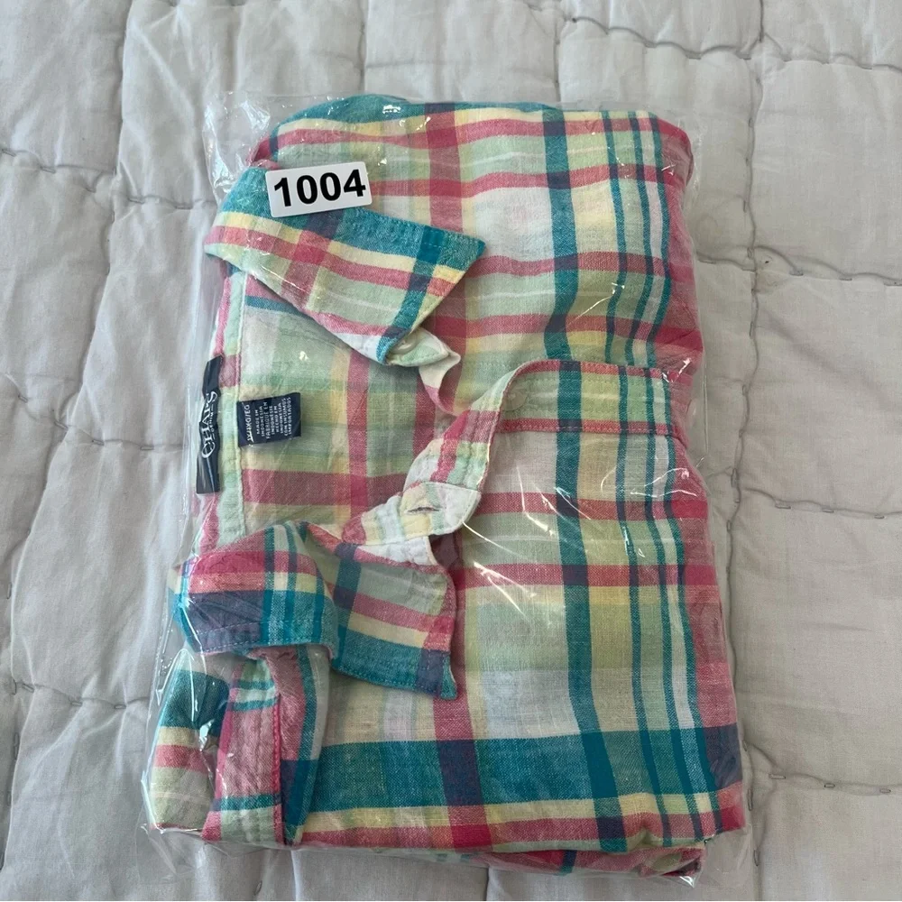 Chaps Womens Linen Blend Button Up Shirt 1X Pink Green Plaid Coastal Preppy - Picture 11 of 11